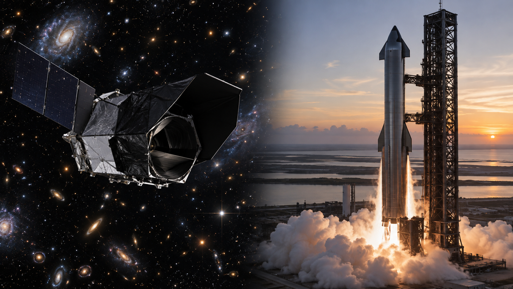 Esta es la imagen más completa a nivel conceptual porque une en una sola escena el universo profundo y el impulso del despegue, o sea, conecta visualmente el telescopio con Starship. Es la que mejor resume la tesis central de la nota: la unión entre observación científica y capacidad de transporte espacial.