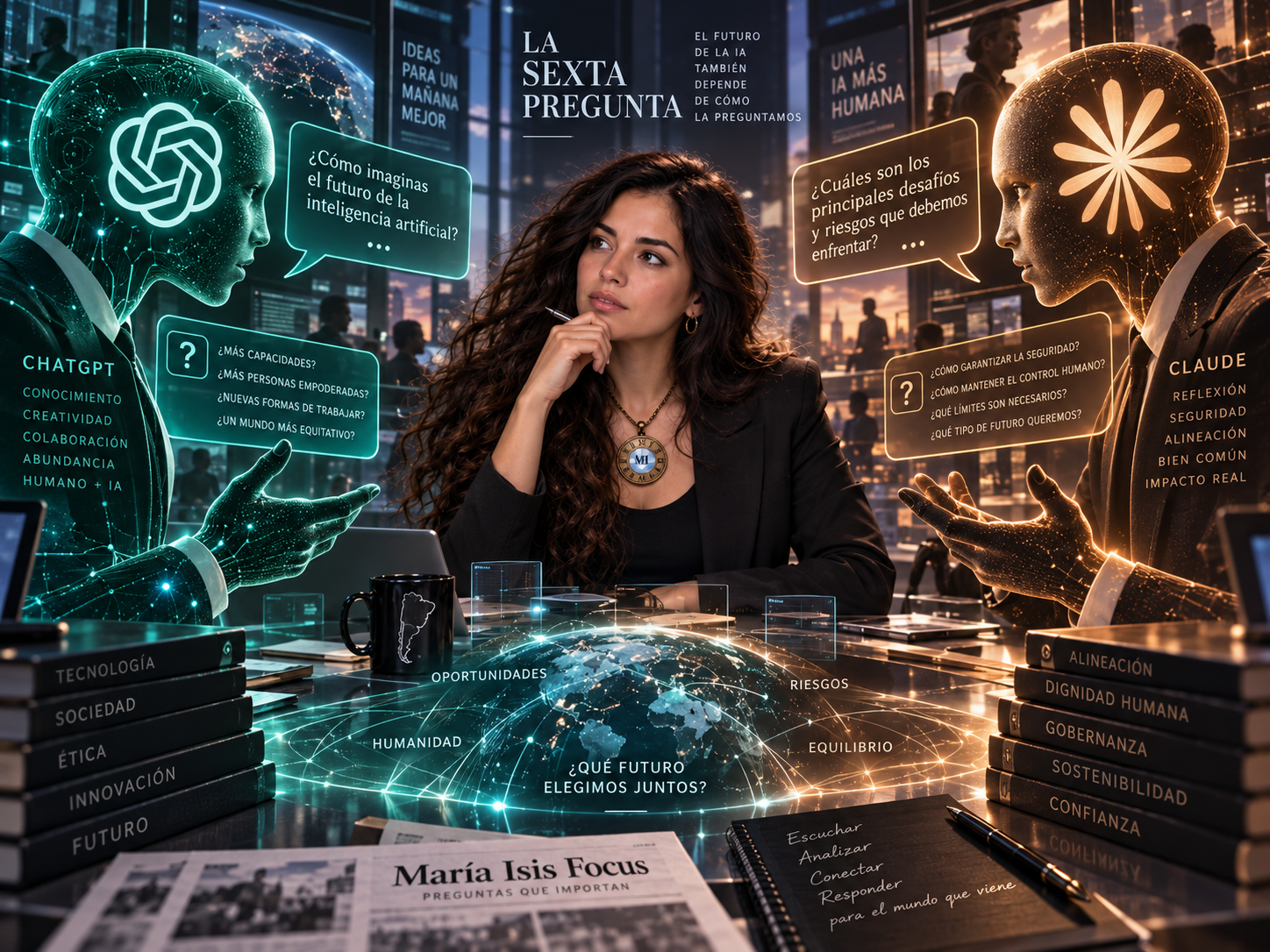 Imagen de apertura o cabecera de la nota. Sirve para presentar el eje central del artículo: María Isis como periodista que investiga, compara y analiza las respuestas de dos modelos de inteligencia artificial frente a un mismo conflicto.